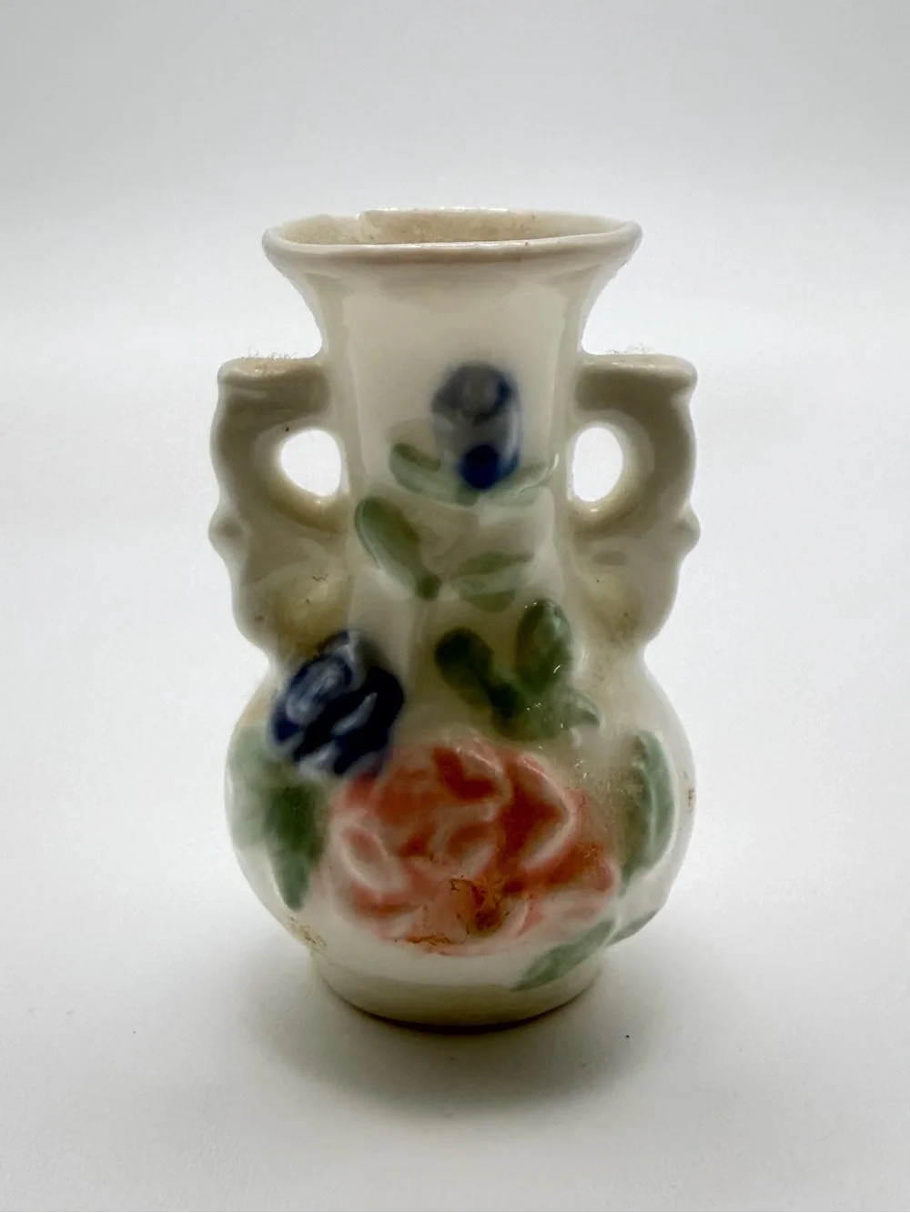 Miniature Cream Ceramic Decorative Vase with Pink & Blue Floral Motif